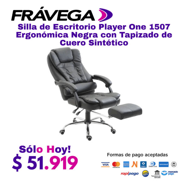 Silla de Escritorio Player One 1507 Ergonómica Negra con Tapizado de Cuero Sintético - Image 2